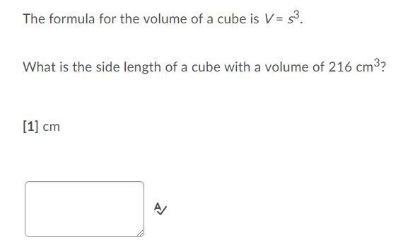 PLz help. The formula for the volume of a cube is V=s^3. What is the side length of-example-1