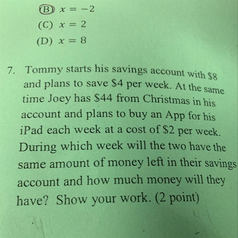 During which week will the two have the same amount of money left in their savings-example-1