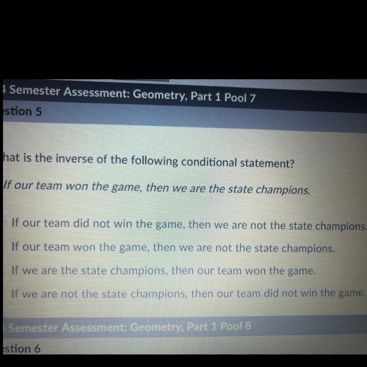 What is the inverse of the following conditional statement? * If our team won the-example-1