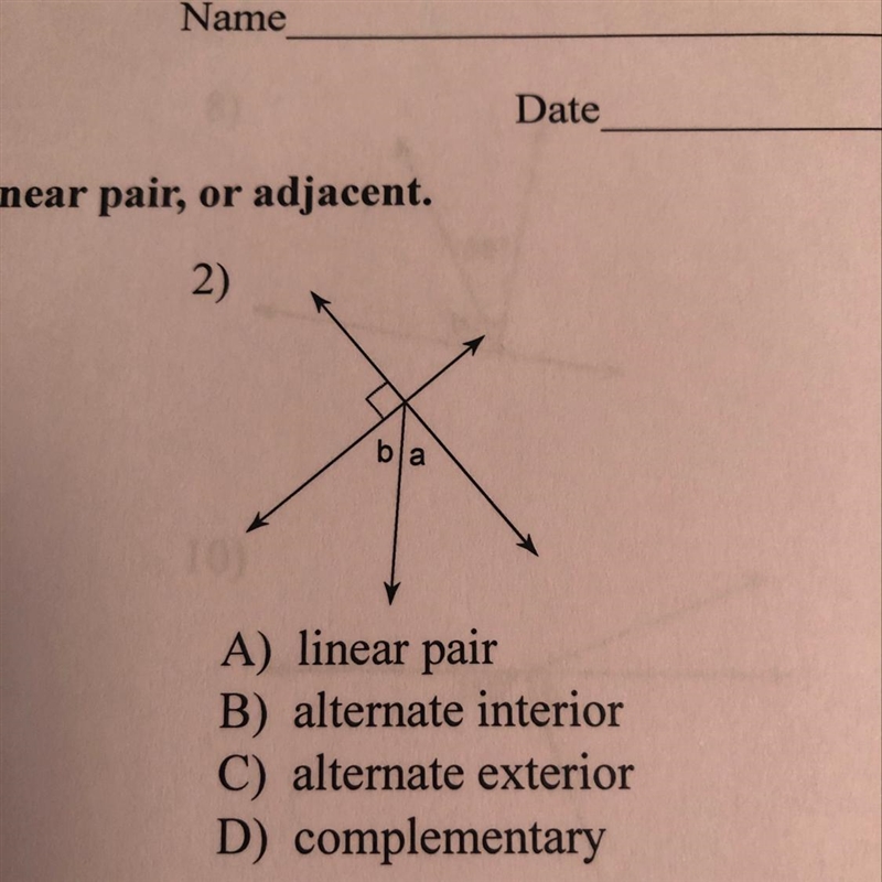 A) linear pair B) alternate interior C) alternate exterior D) complementary-example-1