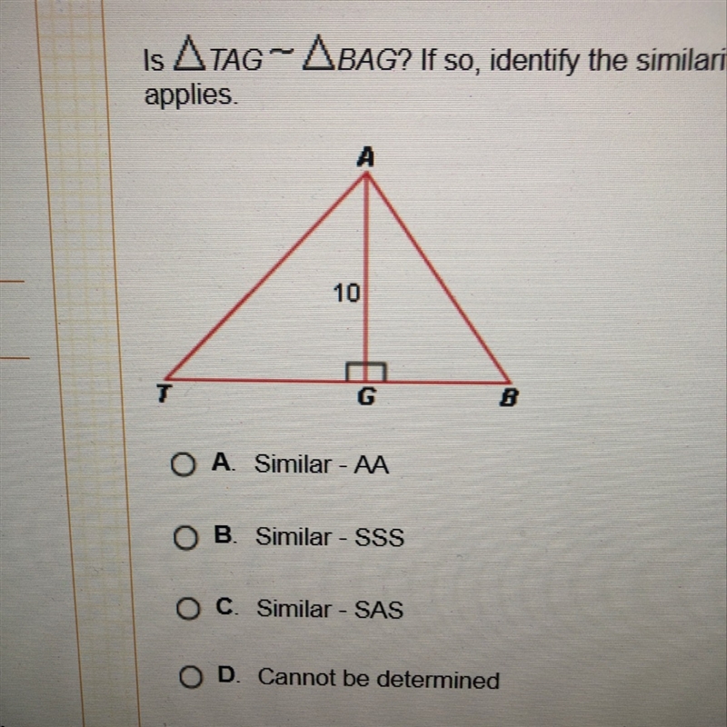 Is triangle TAG ~ BAG? If so, identify the similarity postulate or theorem that applies-example-1