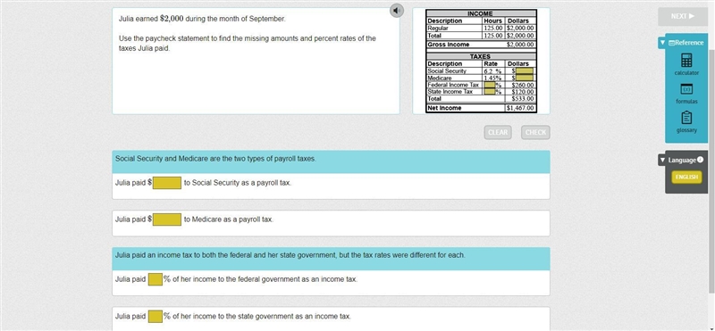 Julia earned $2,000 during the month of September. Use the paycheck statement to find-example-1