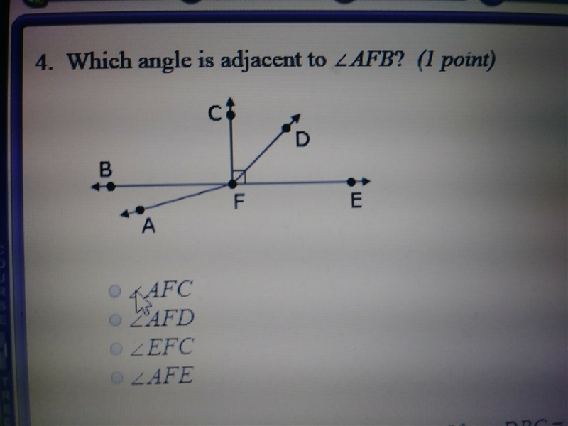 Which angle is adjacent to <AFB?-example-1