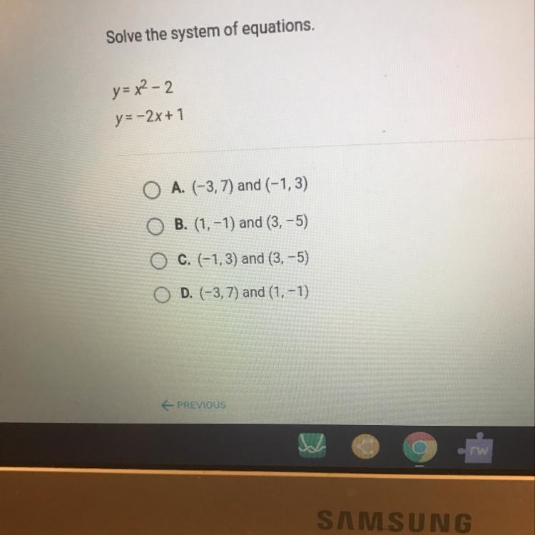 Solve the system of equations y=x^2-2 y=-2x+1-example-1