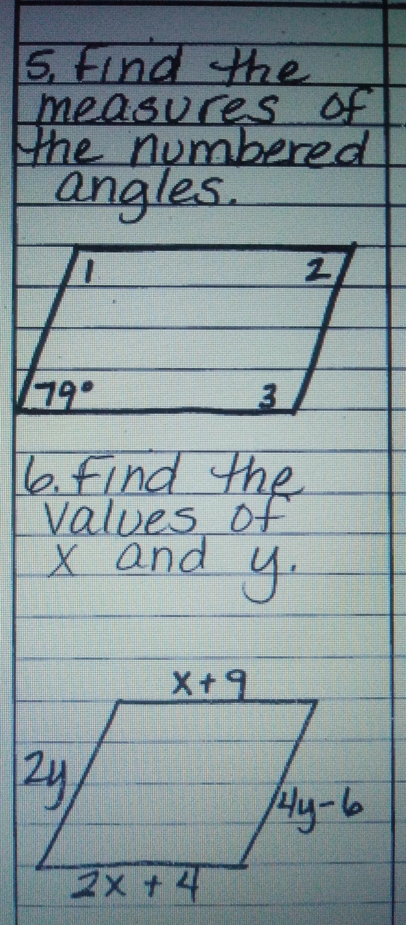 5. Find the measures of the numbered angles. ​ 6. Find the valuses of x and y.-example-1