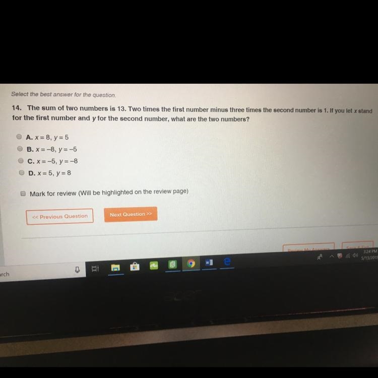 The sum of two numbers is 13. Two times the first number minus three times the second-example-1