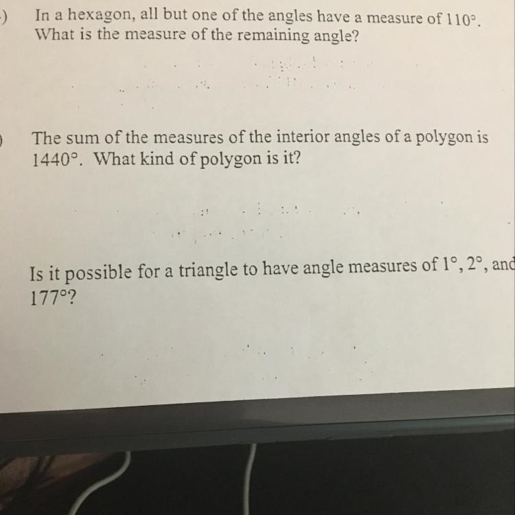 In a hexagon, all but one of the angles have a measure of 110. What is the measure-example-1