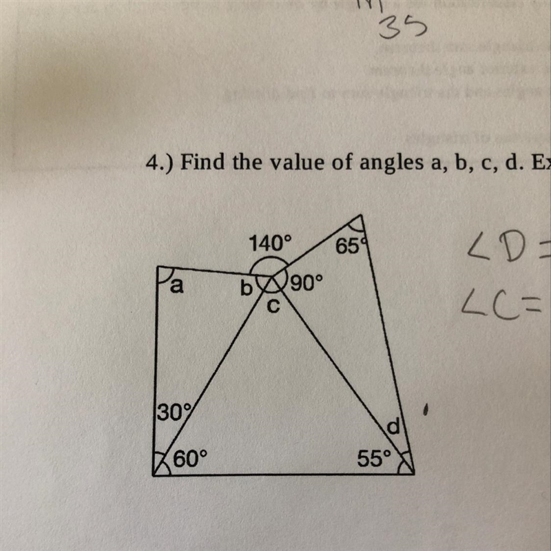 Find the value of angles, a, b, c, d. Explain how you got each value.-example-1