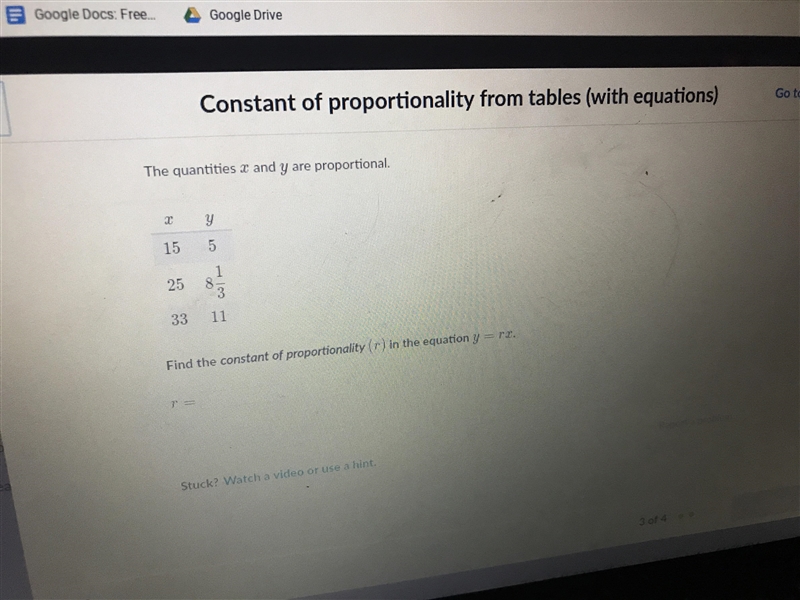 The qualities x and y are proportional. Find the constant of proportionality (r) in-example-1