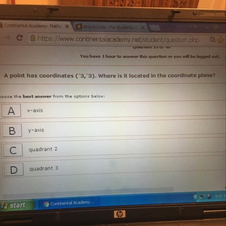 A point has coordinates (-3,-3). Where is it located in the coordinate plane?-example-1