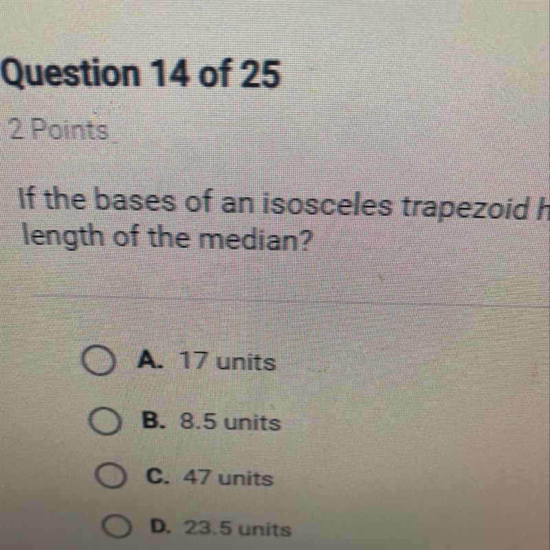 If the bases of an isosceles trapezoid have lengths of 15 and 32, what is the length-example-1