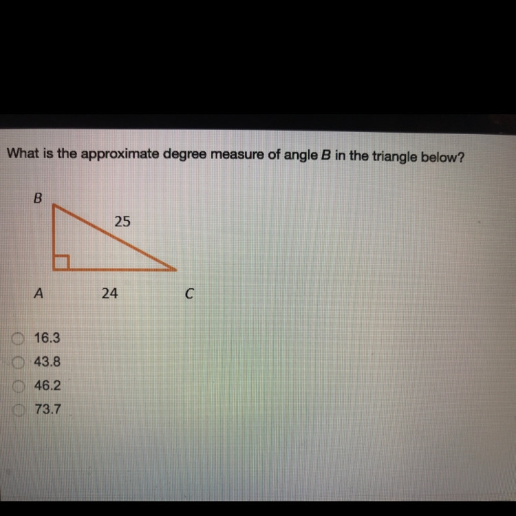 What is the approximate degree measure of angle B in the triangle below?-example-1