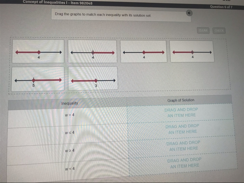 Drag the graphs to match each inequality with its solution set.-example-1