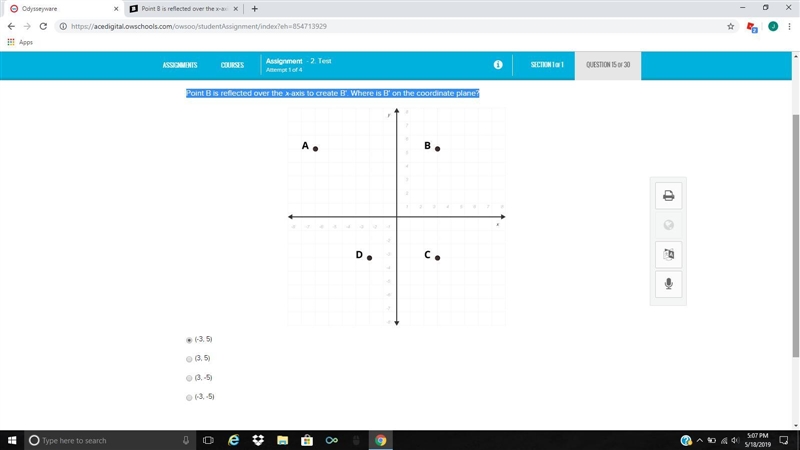 Point B is reflected over the x-axis to create B'. Where is B' on the coordinate plane-example-1