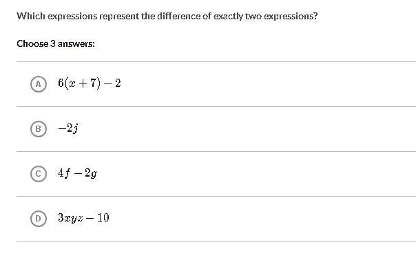 Which expressions represent the difference of exactly two expressions? Pick 3 A: 6 ( x-example-1