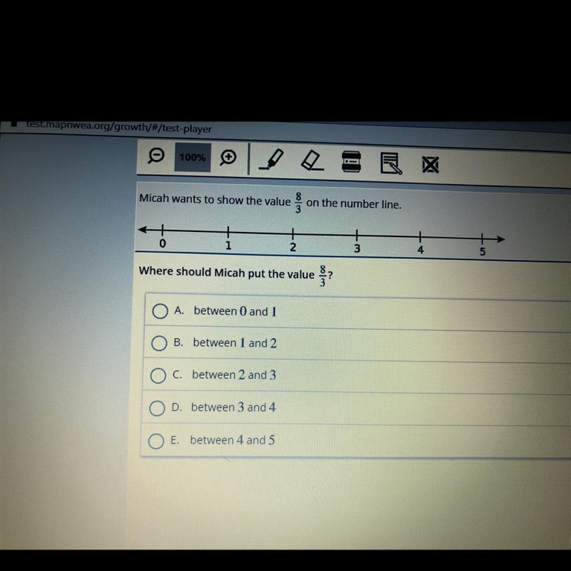 Micah wants to show the value 8/3 on the number line .. where should micah put the-example-1