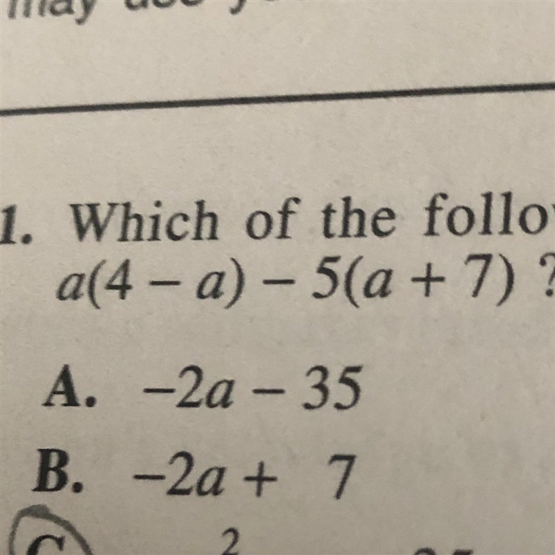 What is the equivalent a(4 - a) - 5(a + 7)-example-1