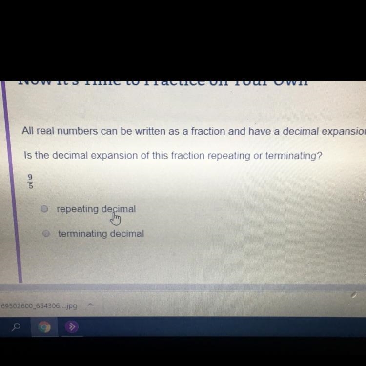 Is the decimal expansion of this fraction repeating or terminating?-example-1