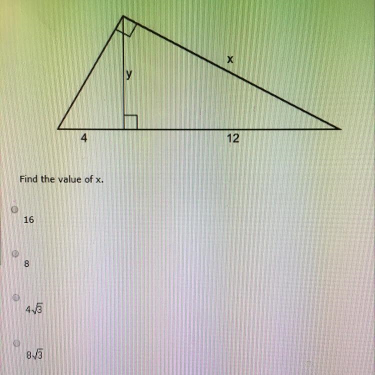 Find the value of x. A)16 B)8 C)4/3 D)8/3-example-1