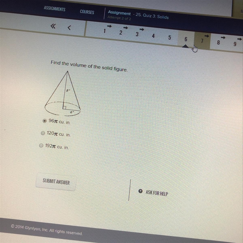 HELP PLEASE!!!Find the volume 96pi 120pi 192pi-example-1