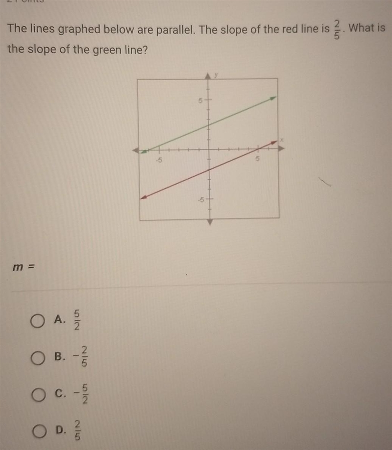 The lines graphed below are parallel. The slope of the red line is 2/5What is the-example-1