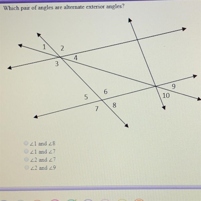 Which pair of angles are alternate exterior angles? <1 and <8 <1 and &lt-example-1