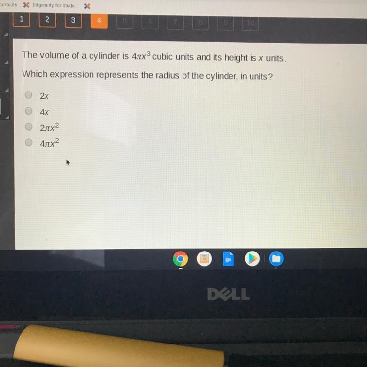 The volume of a cylinder is 4 pi x3 cubic units and its height is x units. Which expression-example-1