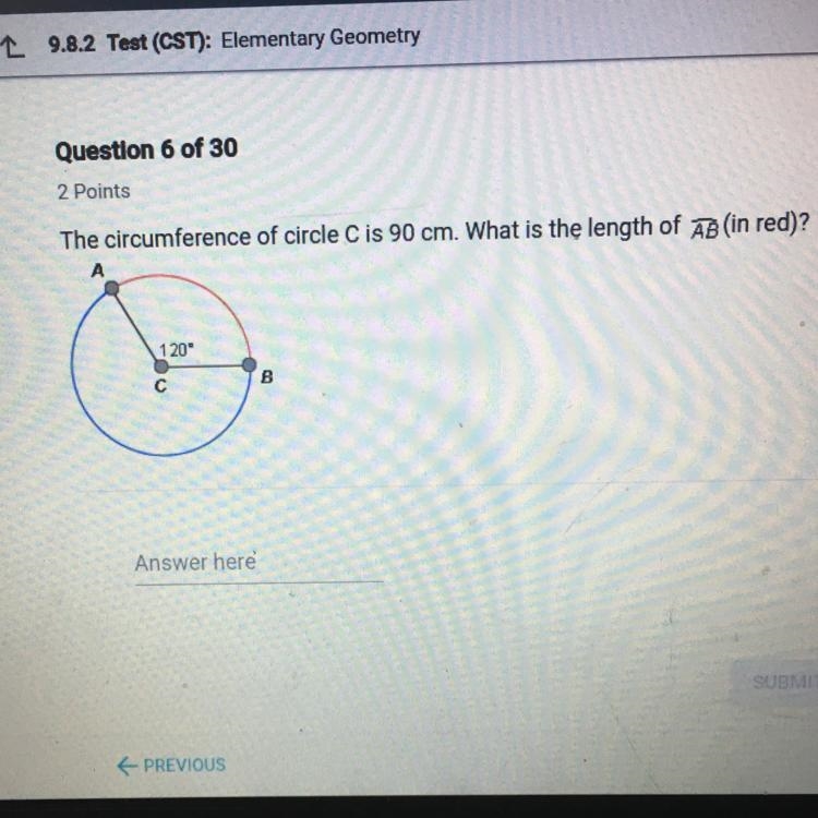 The circumference of circle C is 90 cm. What is the length of AB (in red)? Help please-example-1