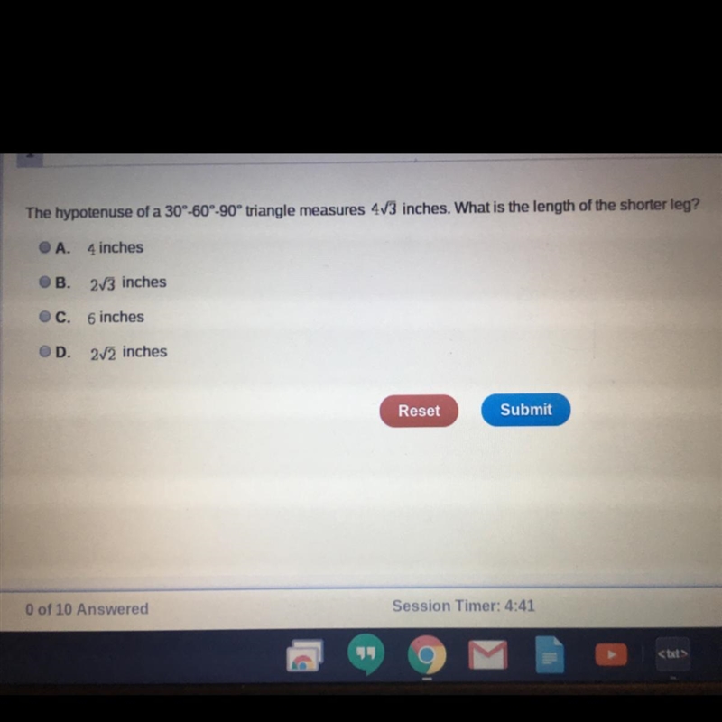 The hypotenuse of a 30o-60o-90o triangle measures 4 square 3 inches. What is the length-example-1