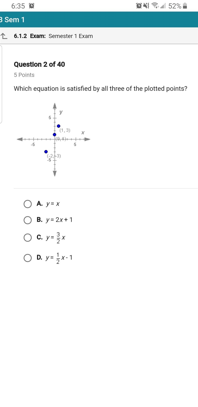 Which equation is satisfied by all three of the plotted points?-example-1