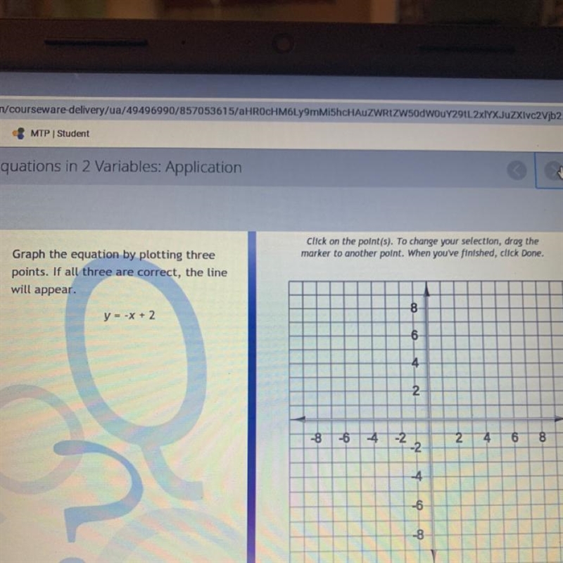 Graph the linear equation. Find three points that solve the equation, then plot on-example-1