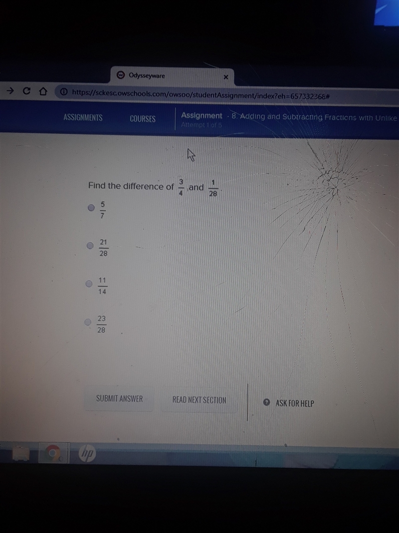 Find the difference of 3/4 and 1/28.-example-1