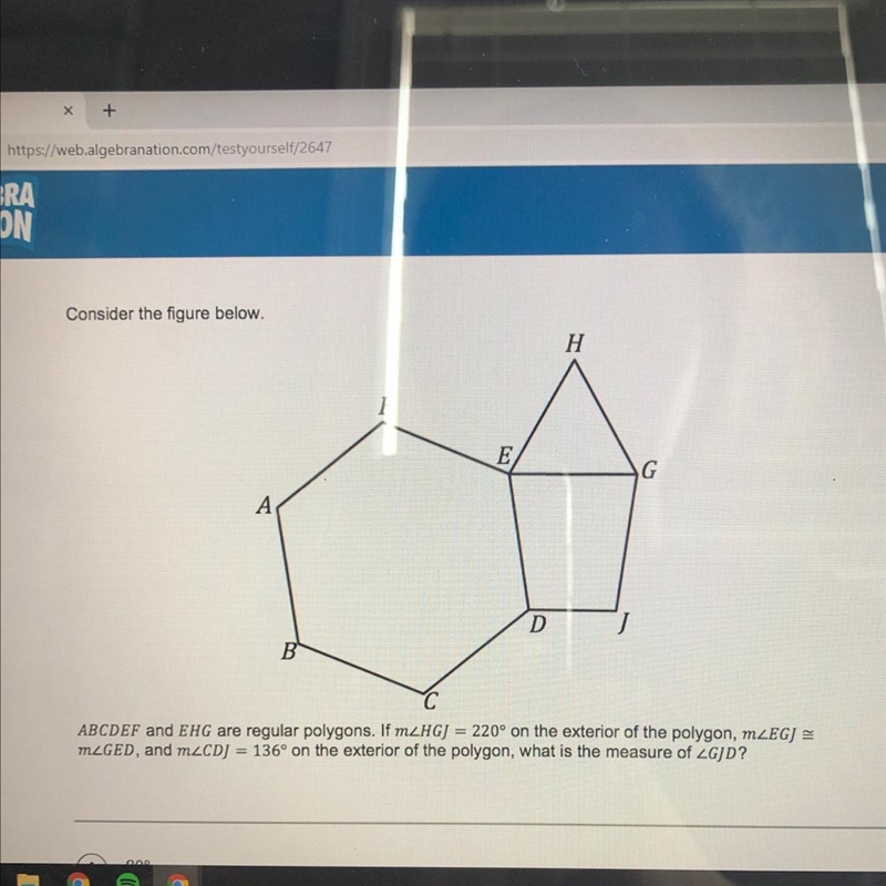 ABCDEF and EHG are regular polygons. If mHGJ=220* on the exterior of the polygon, mEGJ-example-1