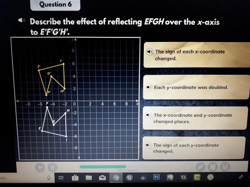 Describe the effect of reflecting EFGH over the x-axis to E'F'G'H'.​-example-1