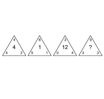 Use the first three triominoes to find the missing number in the fourth triomino.-example-1