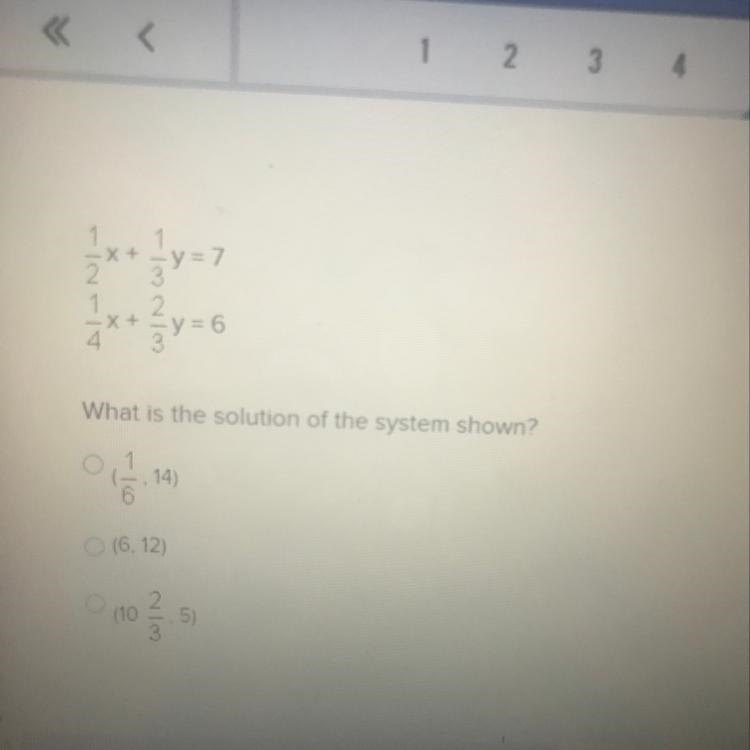 Y = 7 x + y = 6 What is the solution of the system shown? (, 14) (6, 12) (10 , 5)-example-1