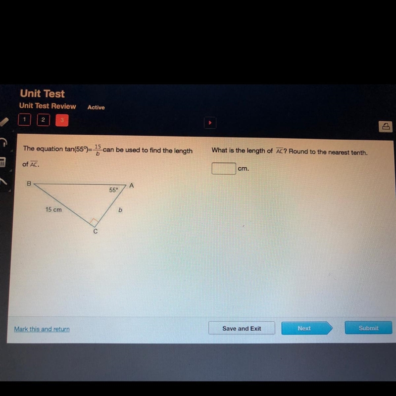 The equation tan(55°)= 15/b can be used to find the length of AC What is the length-example-1