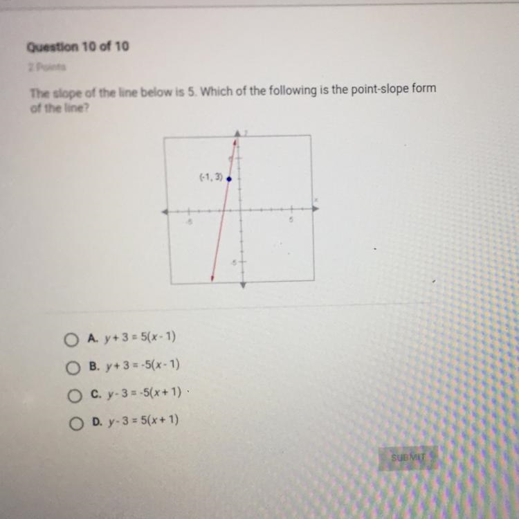 The slope of the line below is 5 which of the following is the point slope form of-example-1