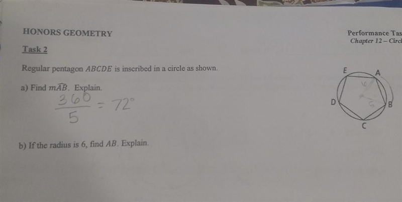 Regular pentagon abcde is inscribed in a circle. find arch measure ab. if the radius-example-1