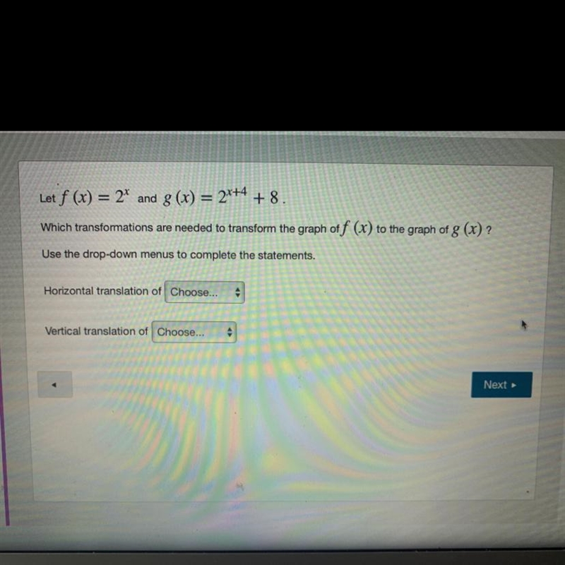 Horizontal translation of _____ A. 4 units left B. 4 units right C. 8 units left D-example-1