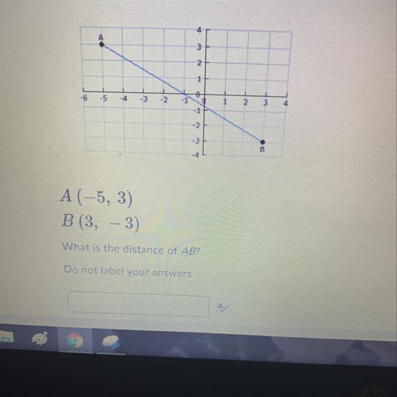 A (-5,3) B (3,-3) what is the distance of AB do not label your answers-example-1