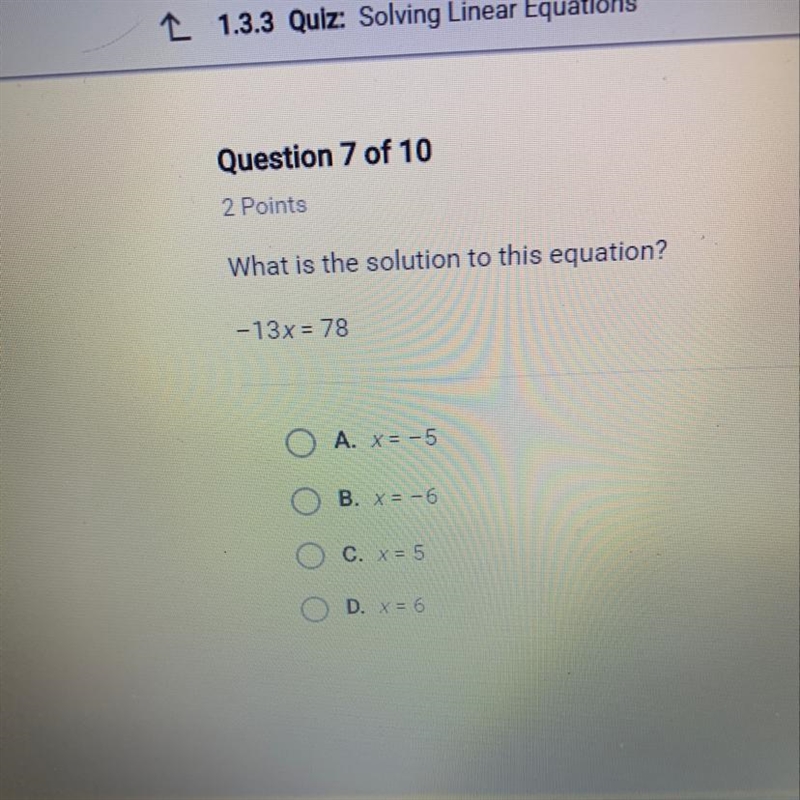 What is the solution to this equation? -13x=78-example-1