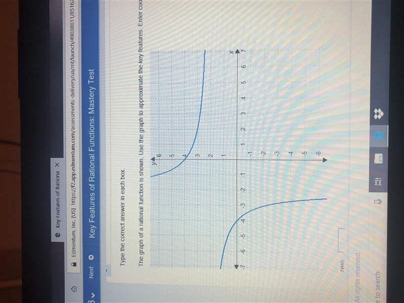 The graph of a rational function is shown. Use the graph to approximate the key features-example-1