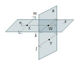 Planes A and B intersect. Which describes the intersection of plane A and line m? line-example-1