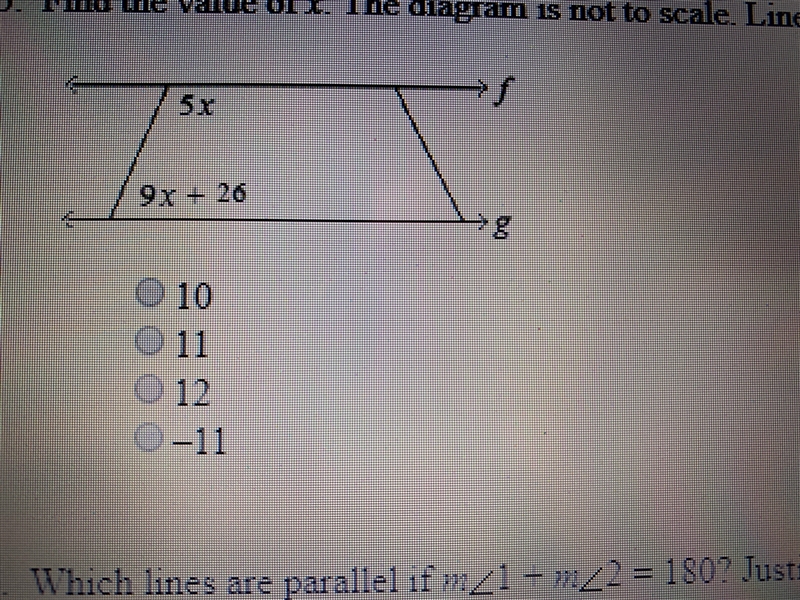 Find the value of x. The diagram is not to scale. Lines f and g are parallel-example-1