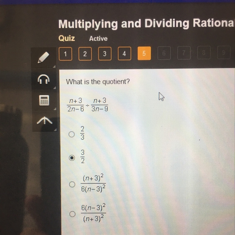 What is the quotient? n+3/2n-6 divided by n+3/3n-9-example-1