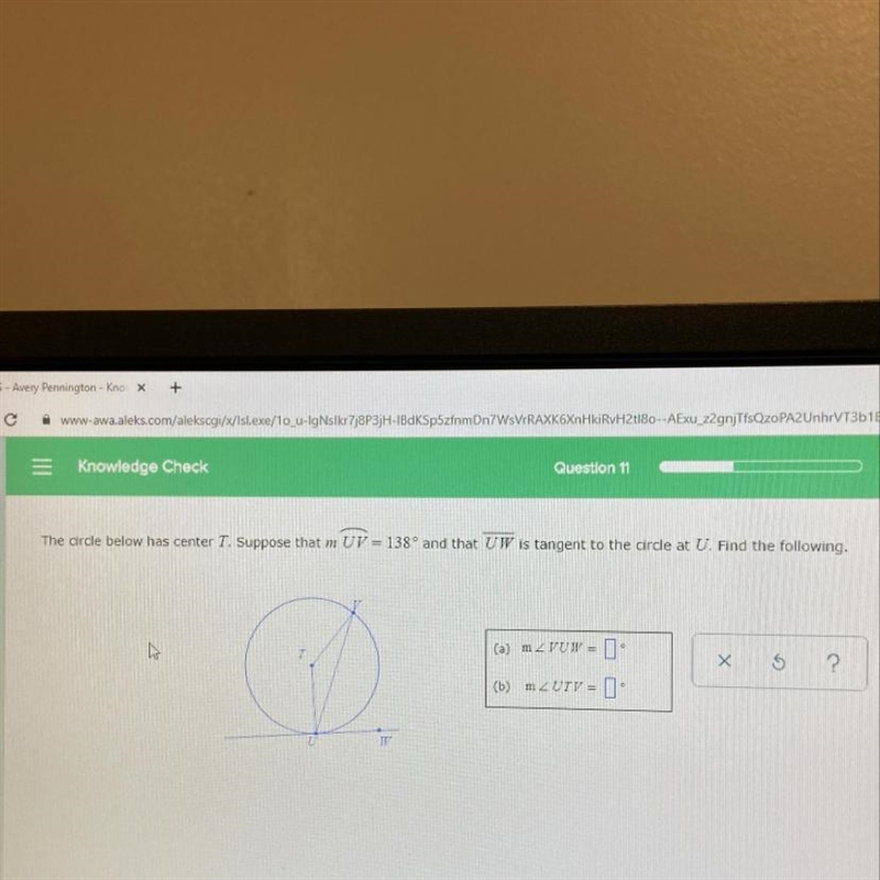 the circle below has center T. suppose that m UV = 138 degrees and that UW is tangent-example-1