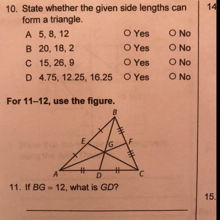 10.) state whether the given side lengths can form a triangle-example-1