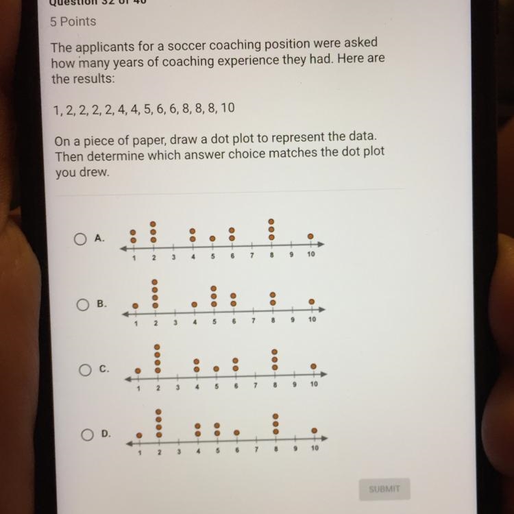 Determine which answer choice matches the dot plot you drew?-example-1