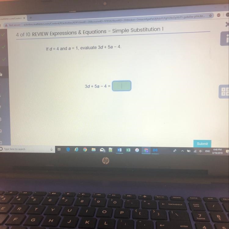 If d= 4 and a=1 , evaluate 3d + 5a - 4-example-1